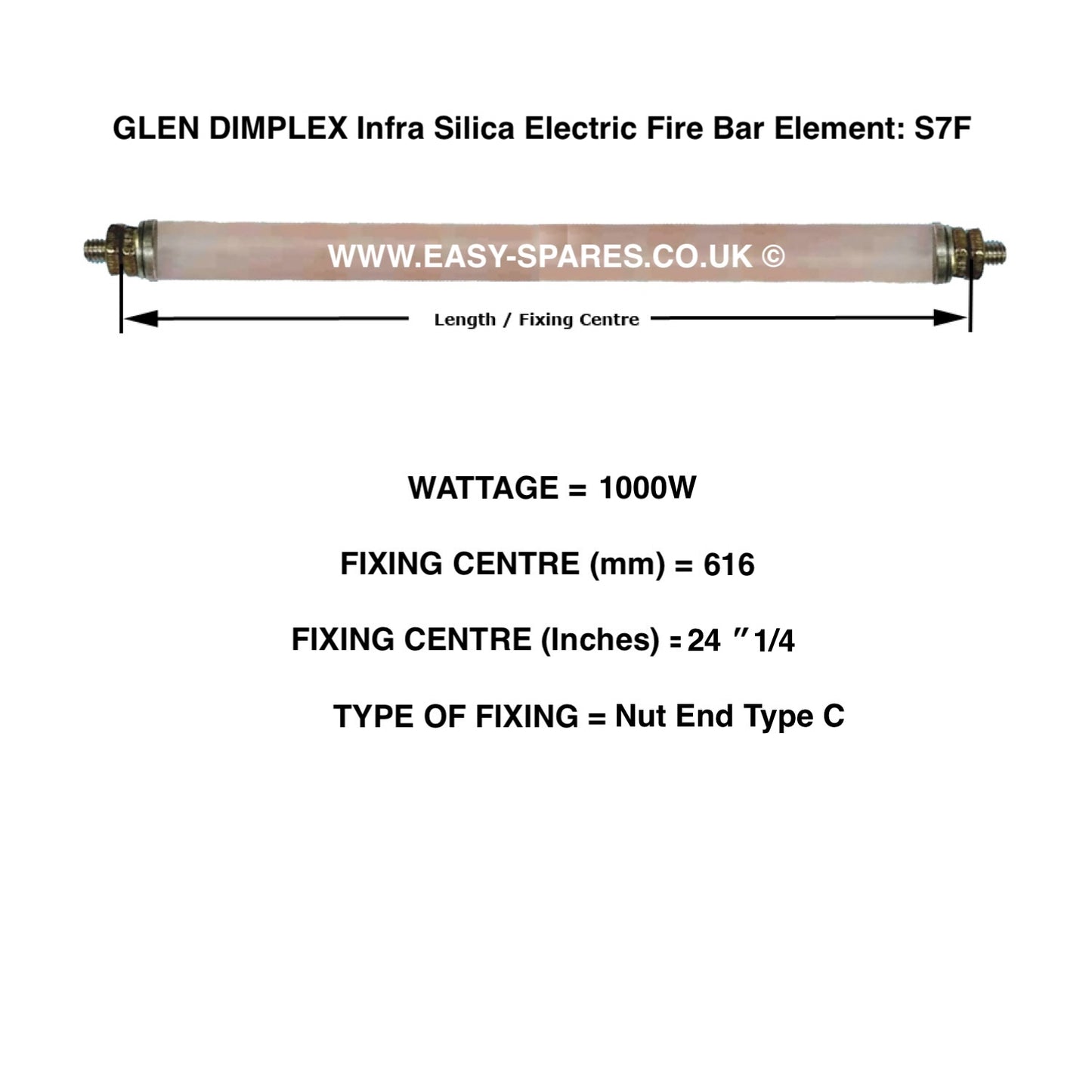 Glen Dimplex infra silica electric fire bar element with specifications on a white background