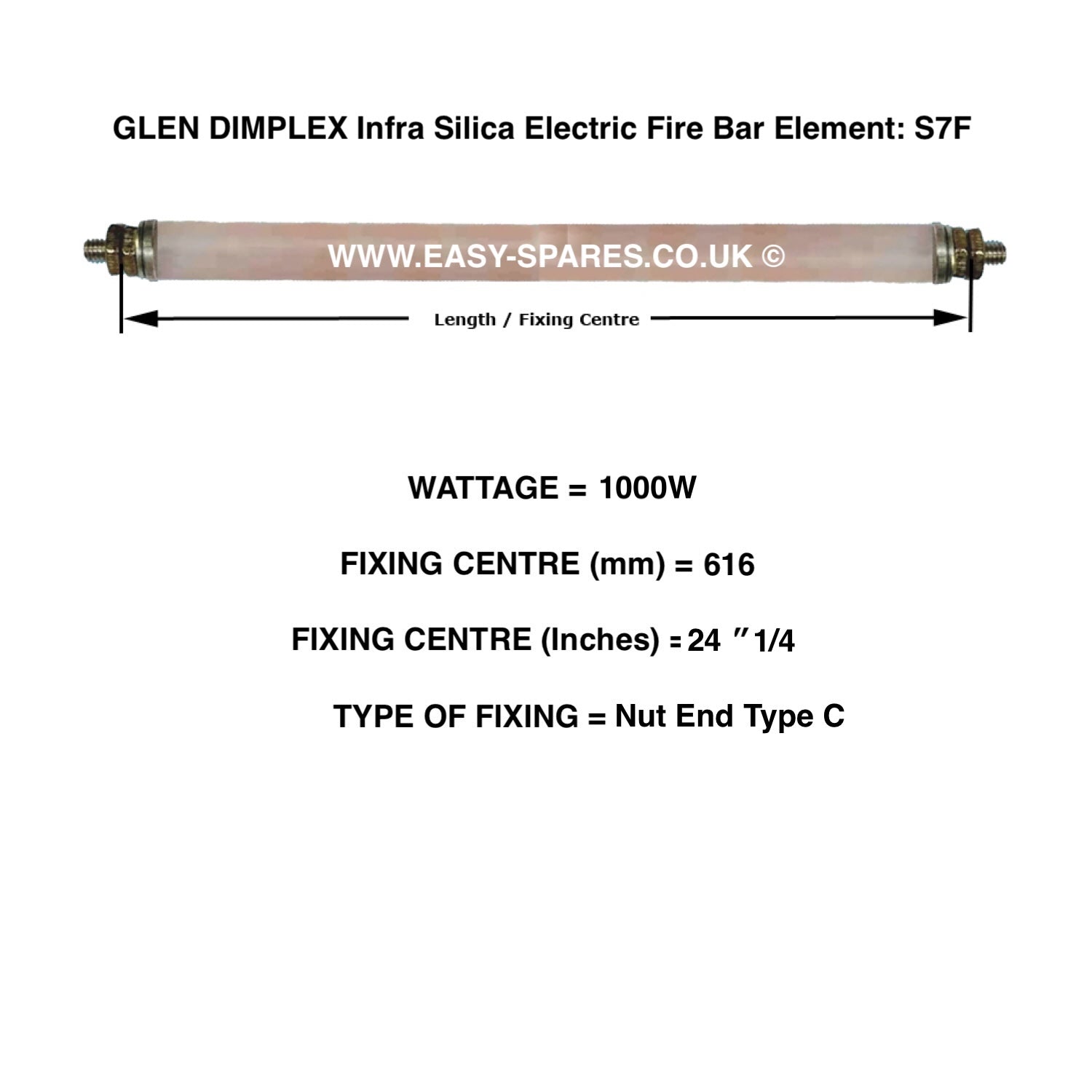 Glen Dimplex infra silica electric fire bar element with specifications on a white background