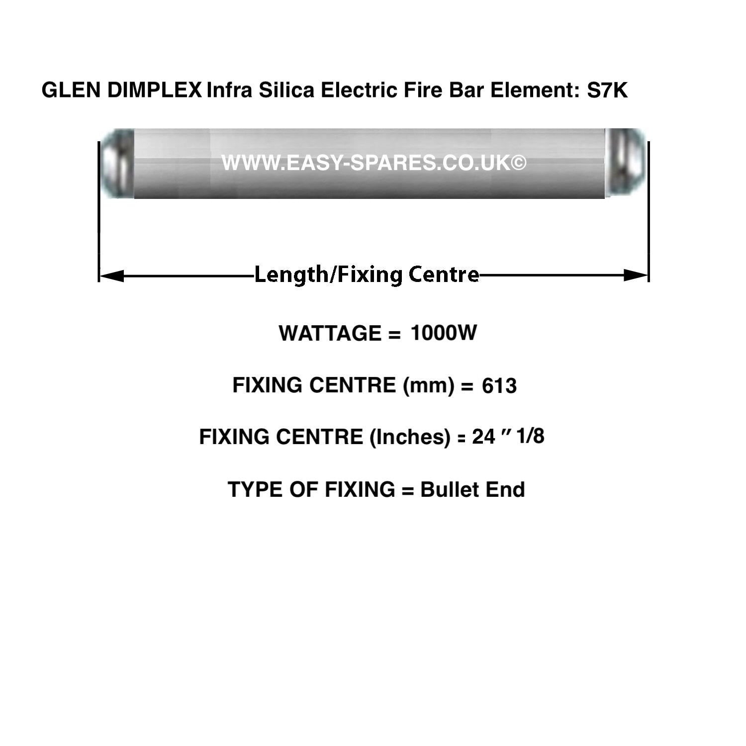 GLEN DIMPLEX Silica Infrared Electric Fire Bar Glass Element S7K - 1000 Watts