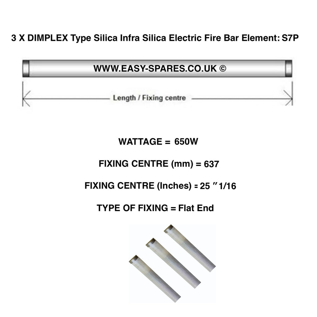 3 X DIMPLEX Type Silica Infrared Electric Fire Bar Glass Element S7P  - 650 Watts