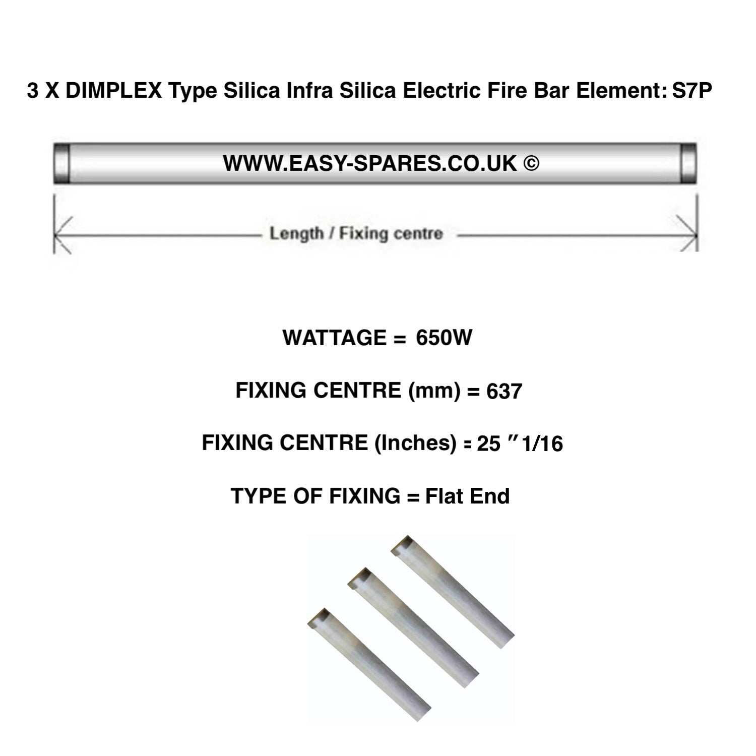 3 X DIMPLEX Type Silica Infrared Electric Fire Bar Glass Element S7P  - 650 Watts