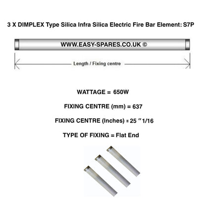Technical diagram of a Dimplex silica infra silica electric fire bar element with specifications.