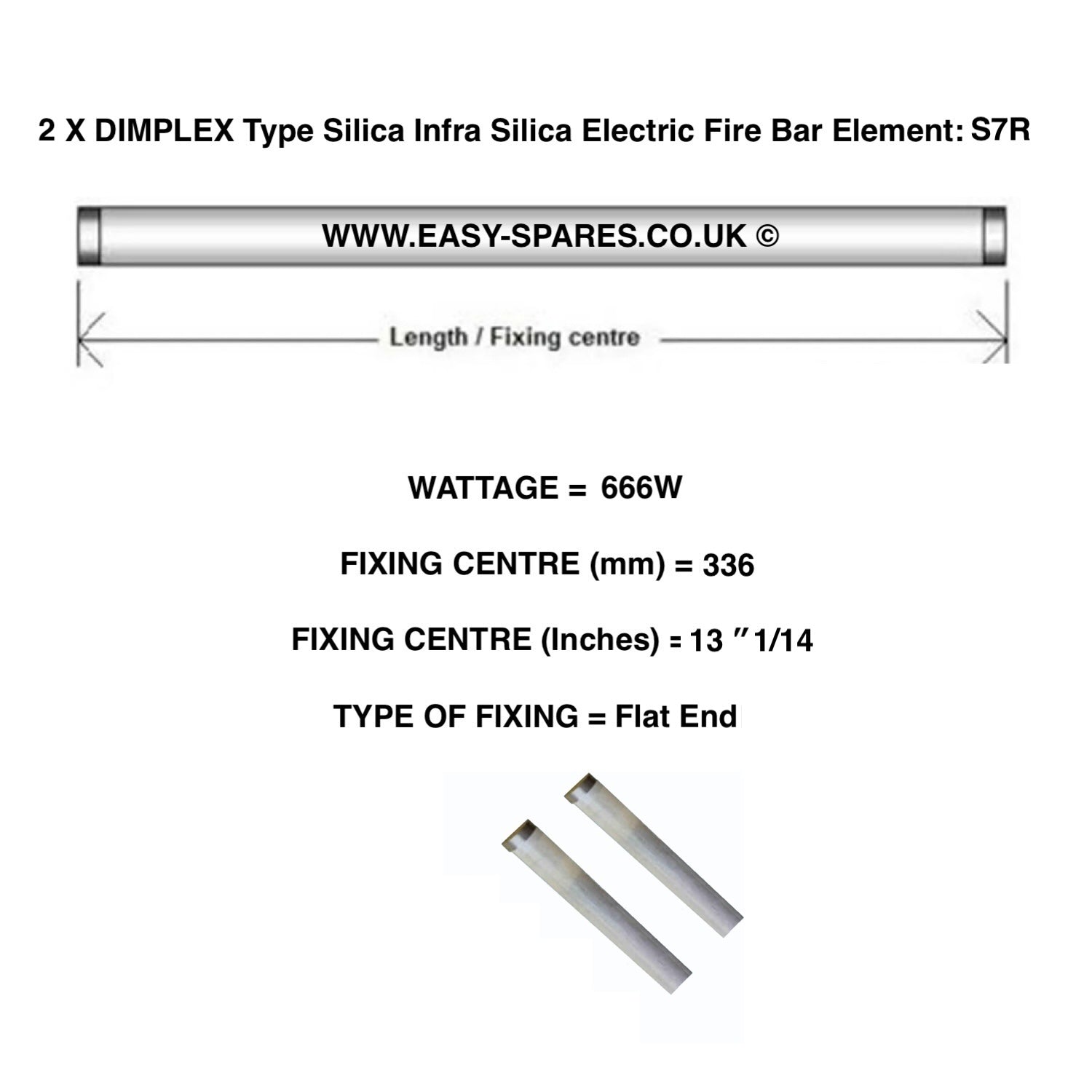 2 X DIMPLEX Type Silica Infrared Electric Fire Bar Glass Element S7R - 666 Watts