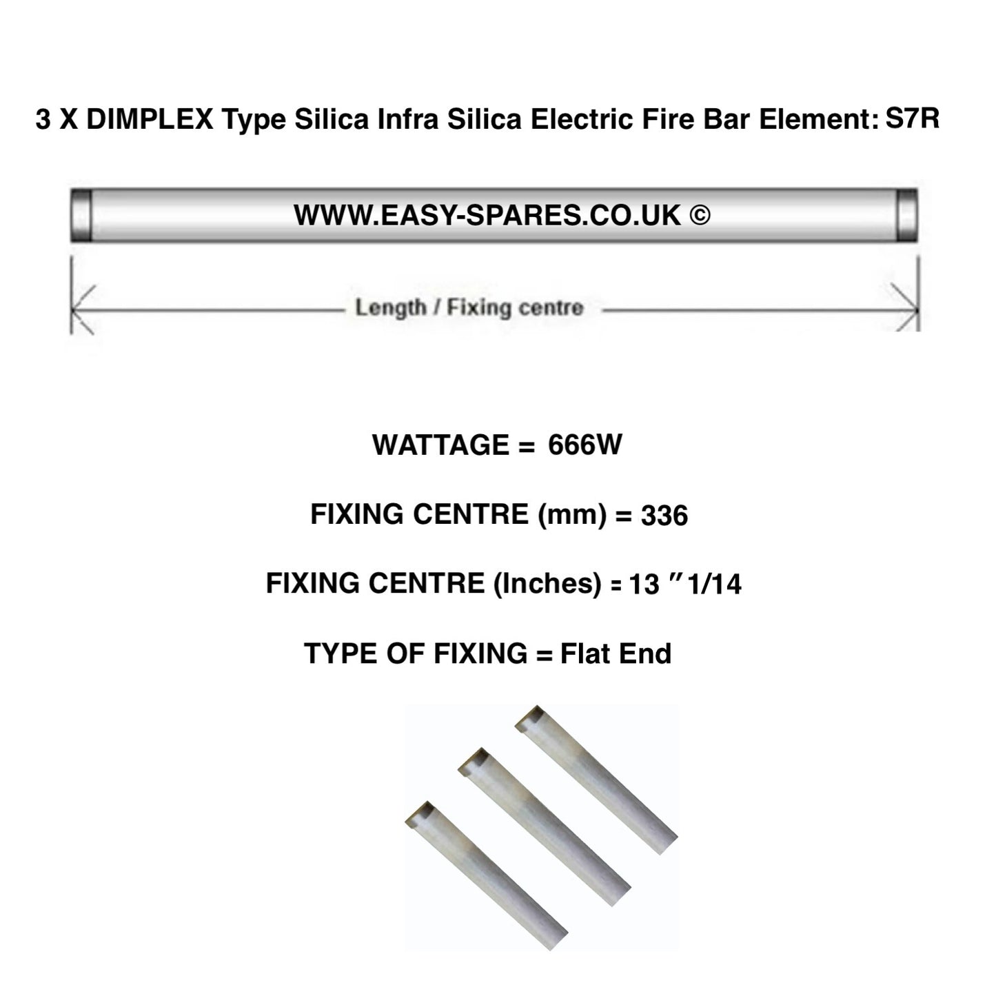 Technical diagram of a Dimplex silica infra silica electric fire bar element with specifications.