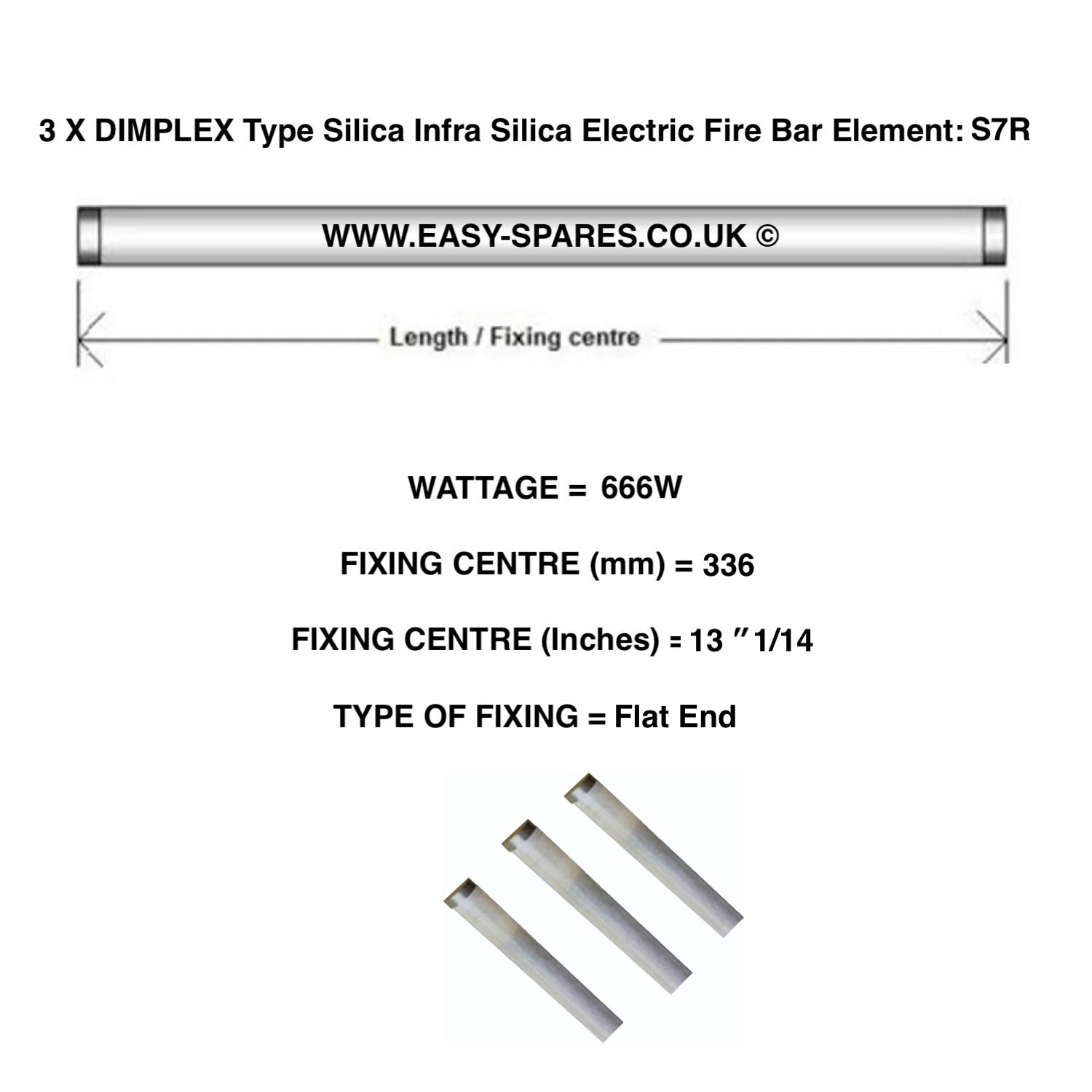 Technical diagram of a Dimplex silica infra silica electric fire bar element with specifications.