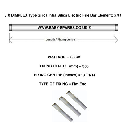 Technical diagram of a Dimplex silica infra silica electric fire bar element with specifications.