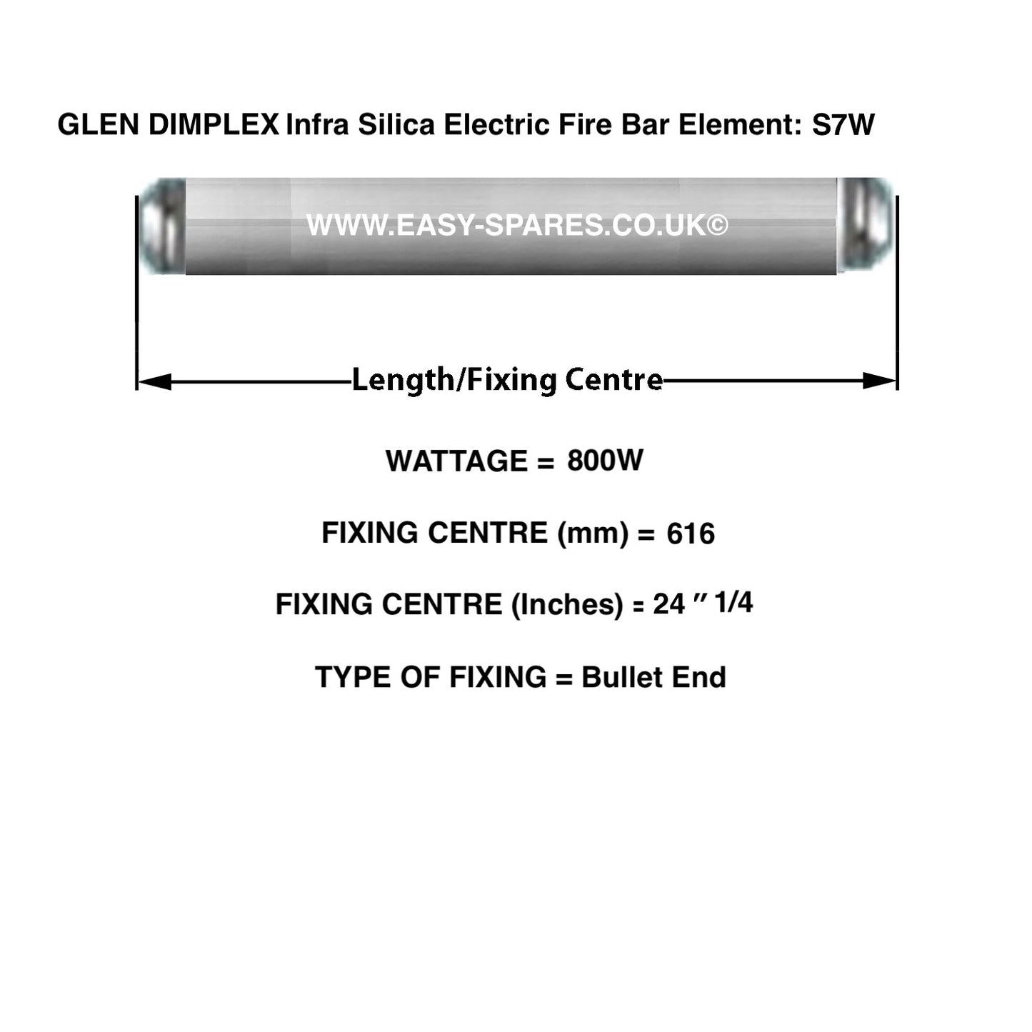 Glen Dimplex Infra Silica Electric Fire Bar Element with dimensions and specifications on a white background.