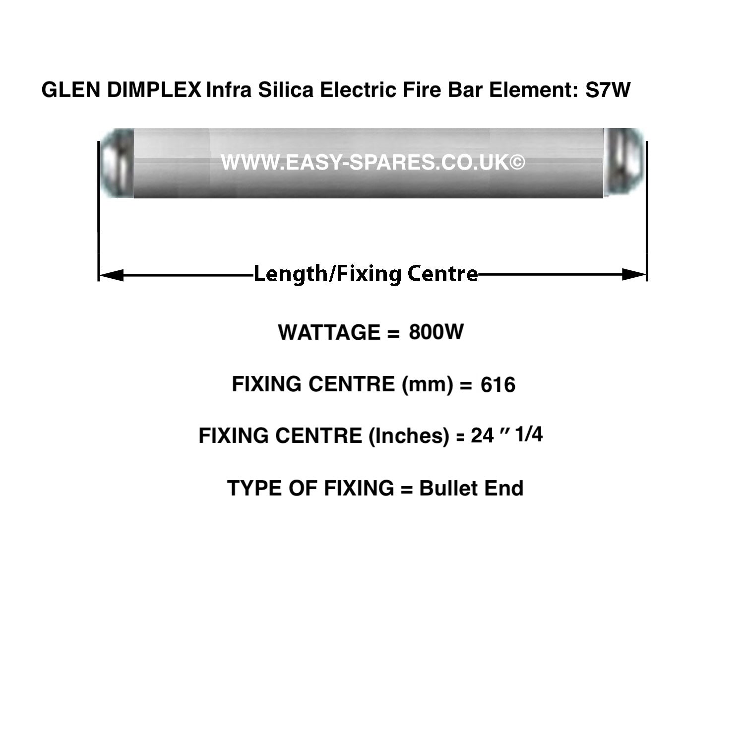 Glen Dimplex Infra Silica Electric Fire Bar Element with dimensions and specifications on a white background.