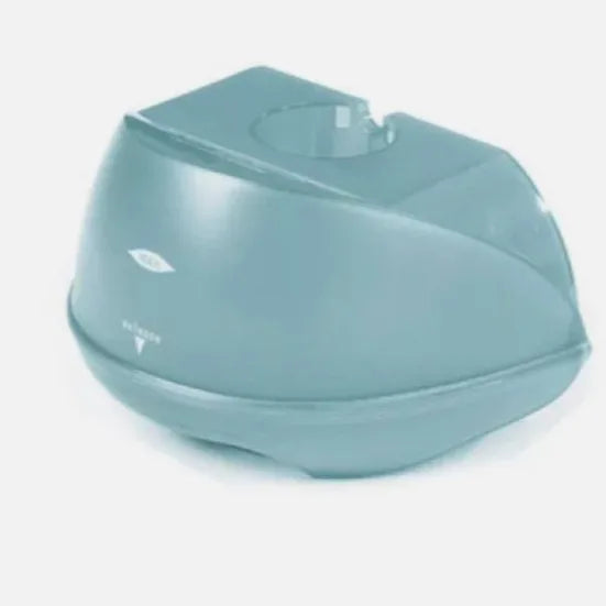 Teal plastic water tank for steam iron on a white background