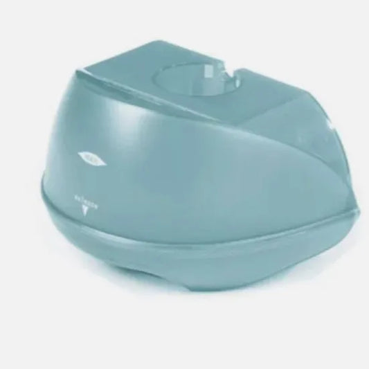 Teal plastic water tank for steam iron on a white background
