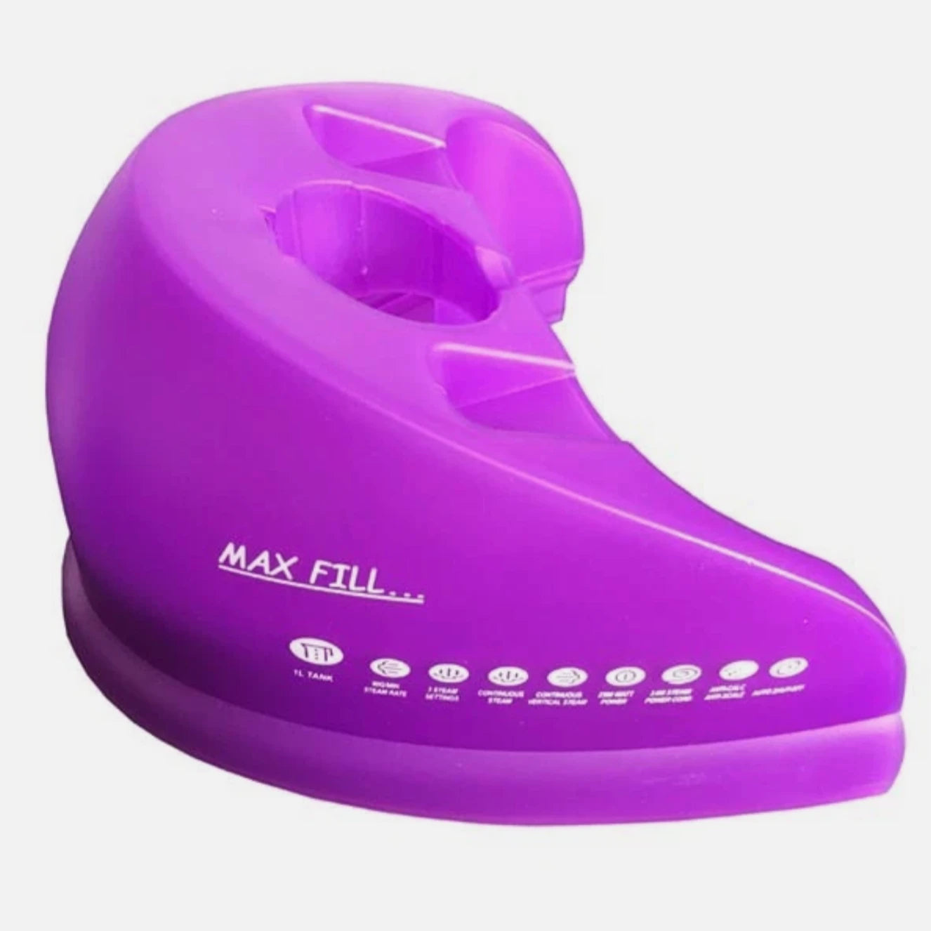 Purple steam iron water tank 'MAX FILL' text on a white background