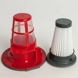 Red and black vacuum filter with a white filter on a light gray background