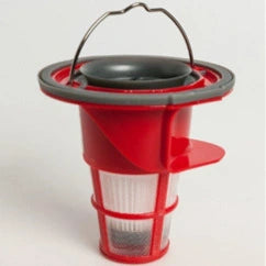 Red vacuum filter with a black top on a white background