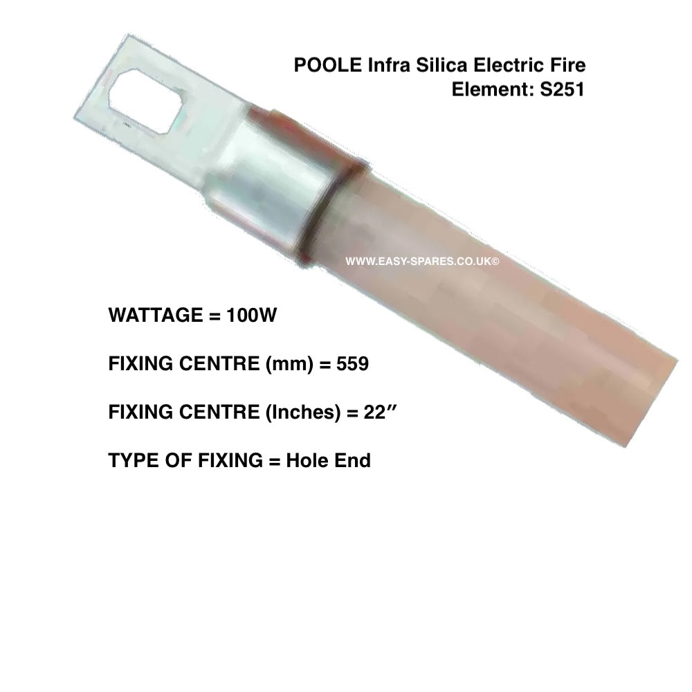 POOLE Silica Infrared Electric Fire Bar Glass Element S251 - 1000 Watts