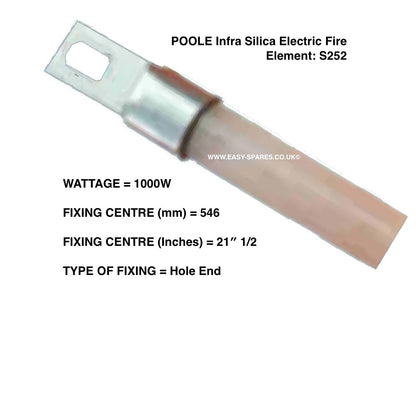 POOLE Infra Silica Electric Fire Element S252 with specifications on a white background