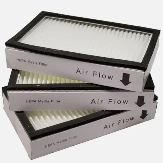 Three HEPA filters for Panasonic and Kenmore vacuum cleaners on a white background with product details.