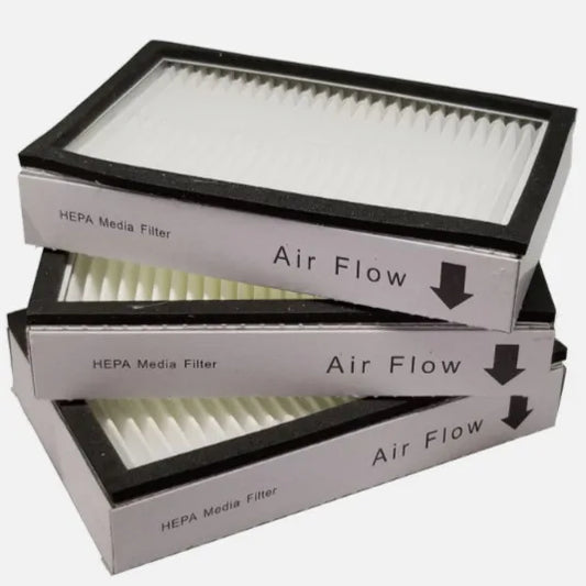 Three HEPA filters for Panasonic and Kenmore vacuum cleaners on a white background with product details.
