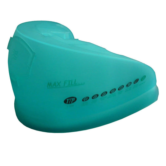 Turquoise plastic container with 'MAX FILL' text on a white background
