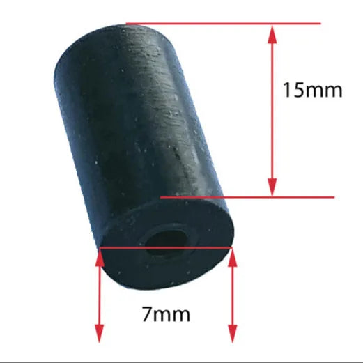 Black cylindrical rubber feet with measurements on a white background
