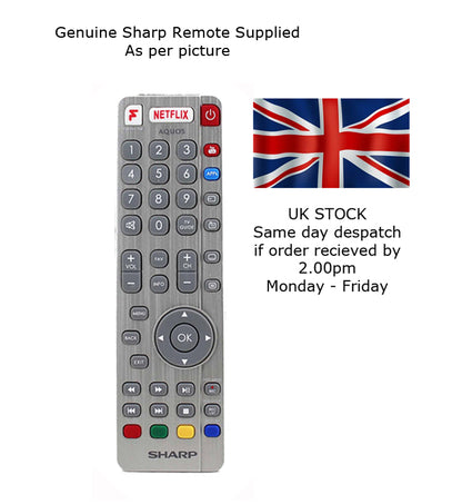 Sharp remote control with Netflix logo on a white background, accompanied by a British flag and text about UK stock and despatch times.