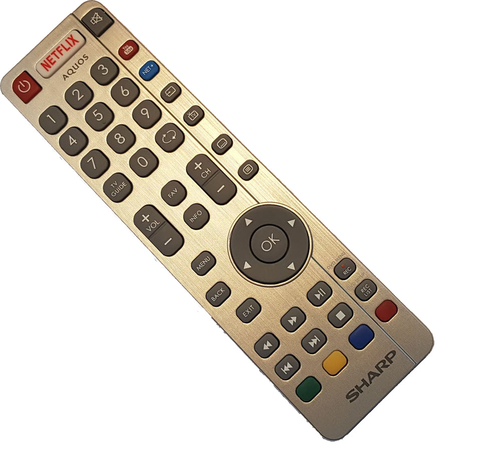 Gold remote control with Netflix and Sharp branding on a white background