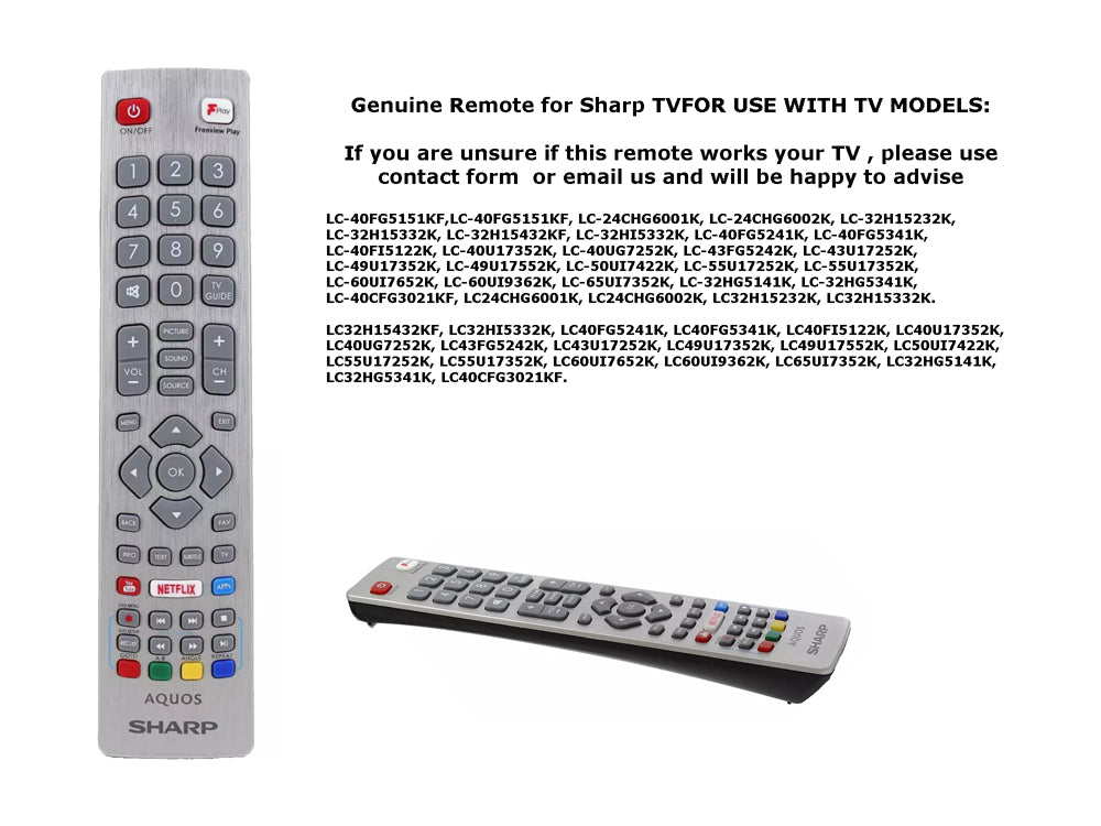 Sharp TV remote control with text on a white background