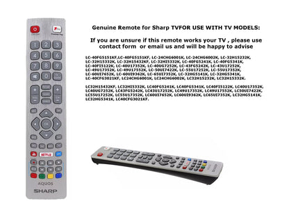 Sharp TV remote control with text on a white background