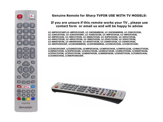 Sharp TV remote control with text on a white background