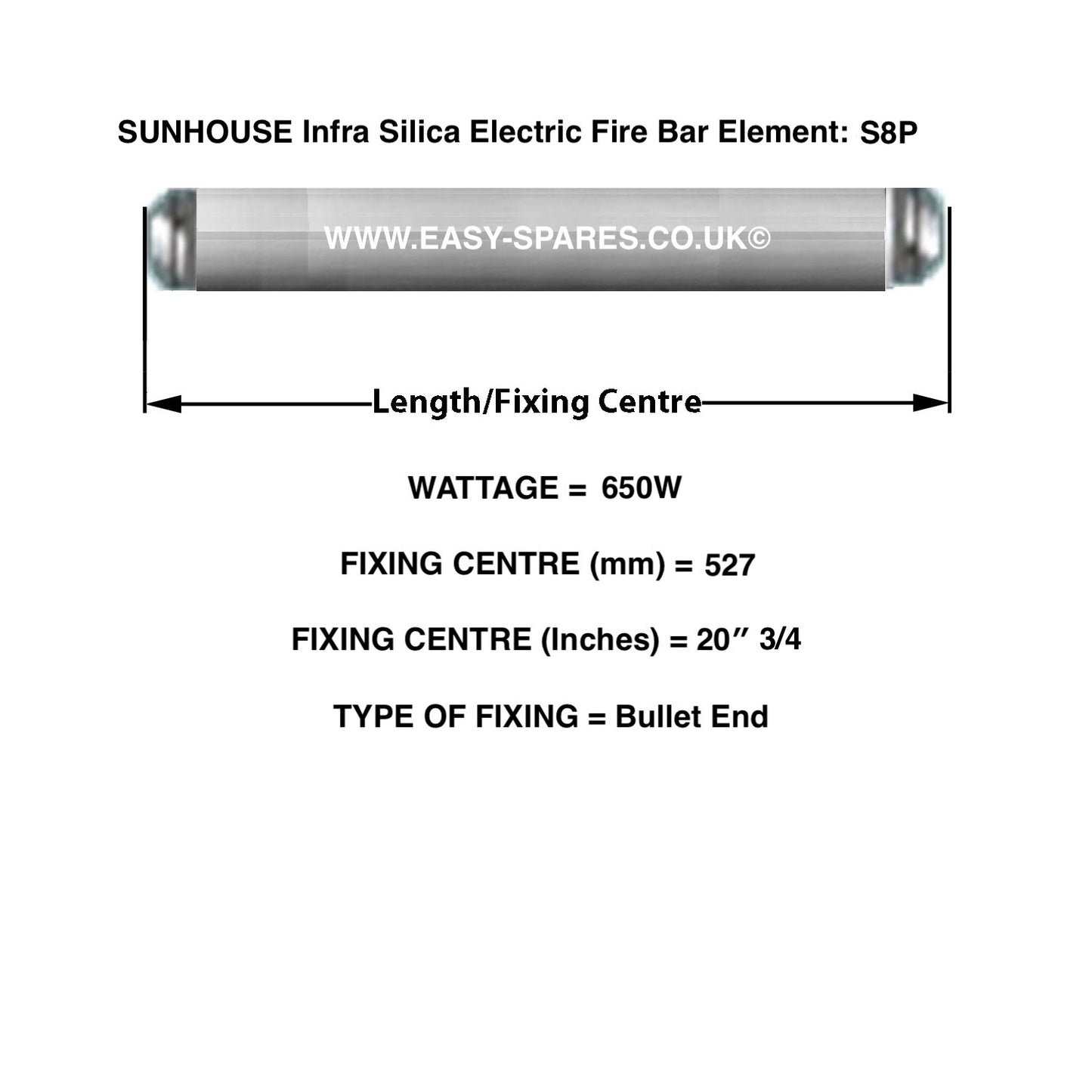Technical diagram of SUNHOUSE Infra Silica Electric Fire Bar Element S8P with dimensions and specifications.