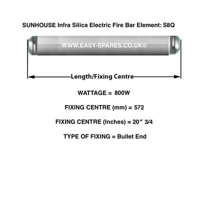 SUNHOUSE Infra Silica Electric Fire Bar Element S8Q with dimensions and specifications on a white background.