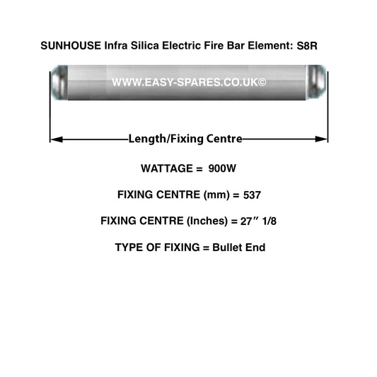 SUNHOUSE Infra Silica Electric Fire Bar Element S8R with dimensions and specifications on a white background.