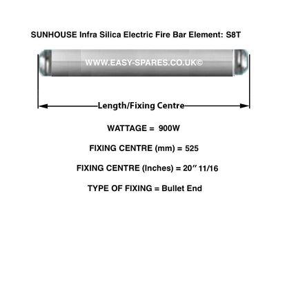 Technical diagram of SUNHOUSE Infra Silica Electric Fire Bar Element S8T with dimensions and specifications.