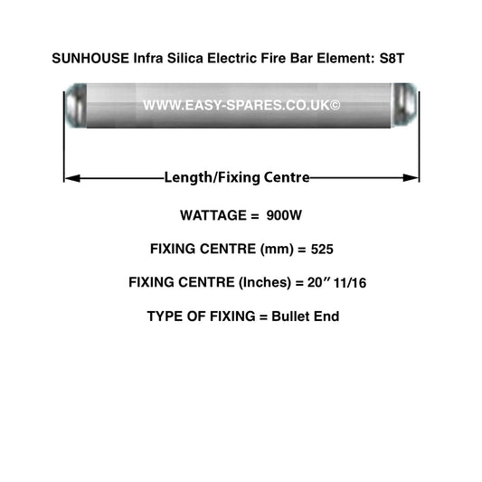 Technical diagram of SUNHOUSE Infra Silica Electric Fire Bar Element S8T with dimensions and specifications.