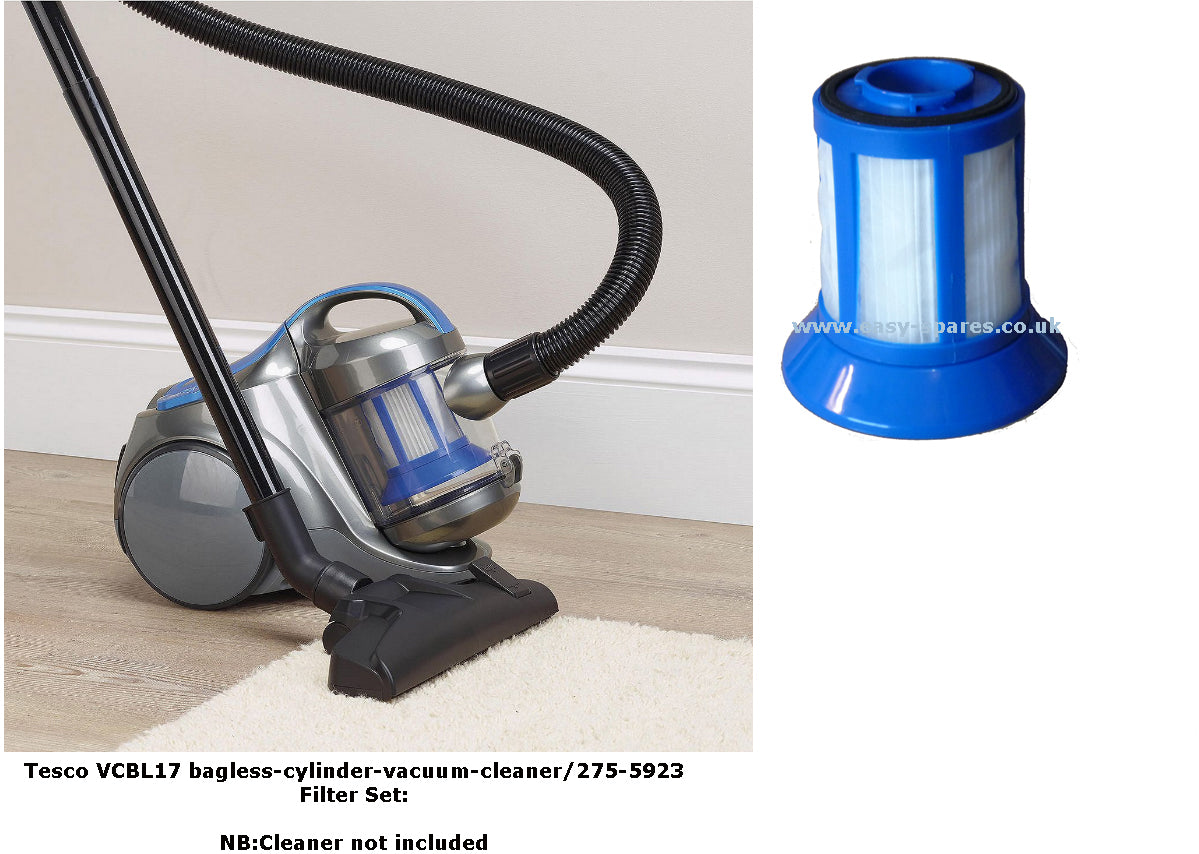 Bagless cylinder vacuum cleaner with filter set on a white background