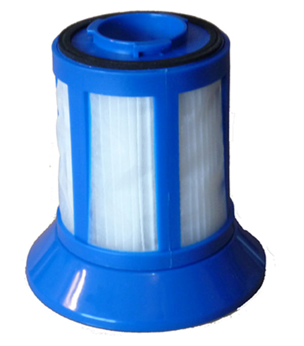Blue filter cartridge with white pleated material on a white background