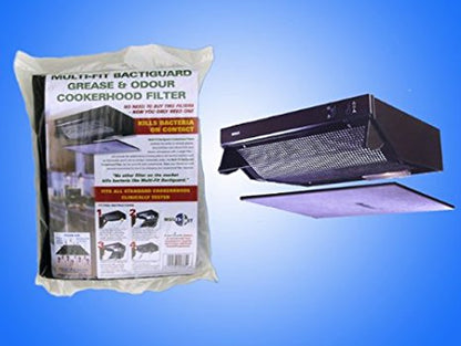 Cooker hood filter packaging with a black cooker hood on a blue background