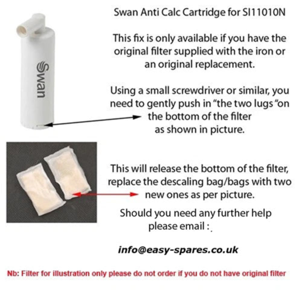 Swan Anti Calc Cartridge for SI11010N with instructions on how to use it.
